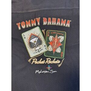 #A073 Tommy Bahama Mens Large Silk Camp Shirt Pocket Rockets Embroidered